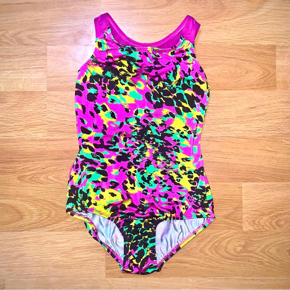 🩷💚 Neon Animal Print Gymnastics Leotard Keyhole Back Dance Leo Sz 16 💚🩷